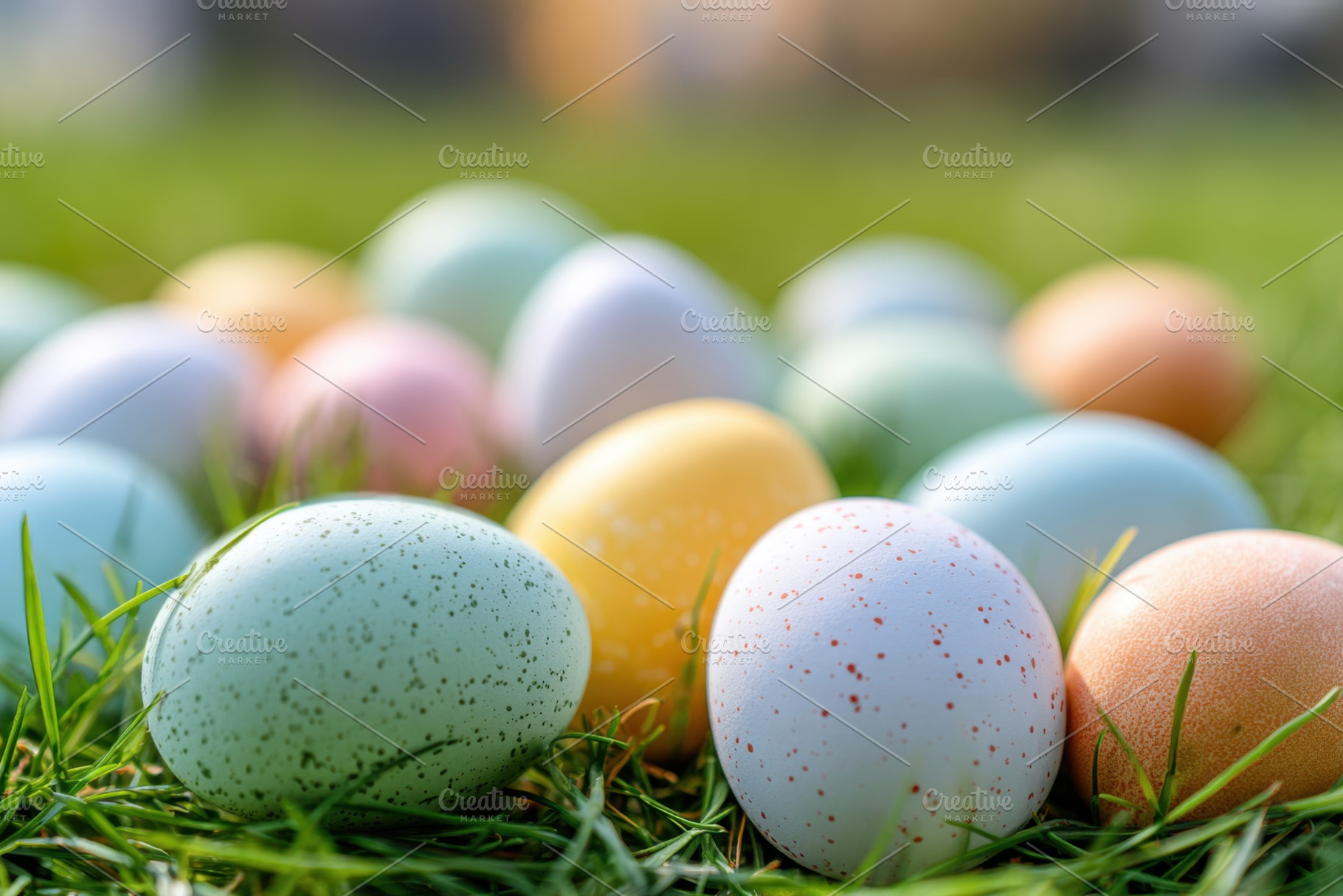 Colorful easter eggs on green grass, a Holiday Photo by AlyaAnd