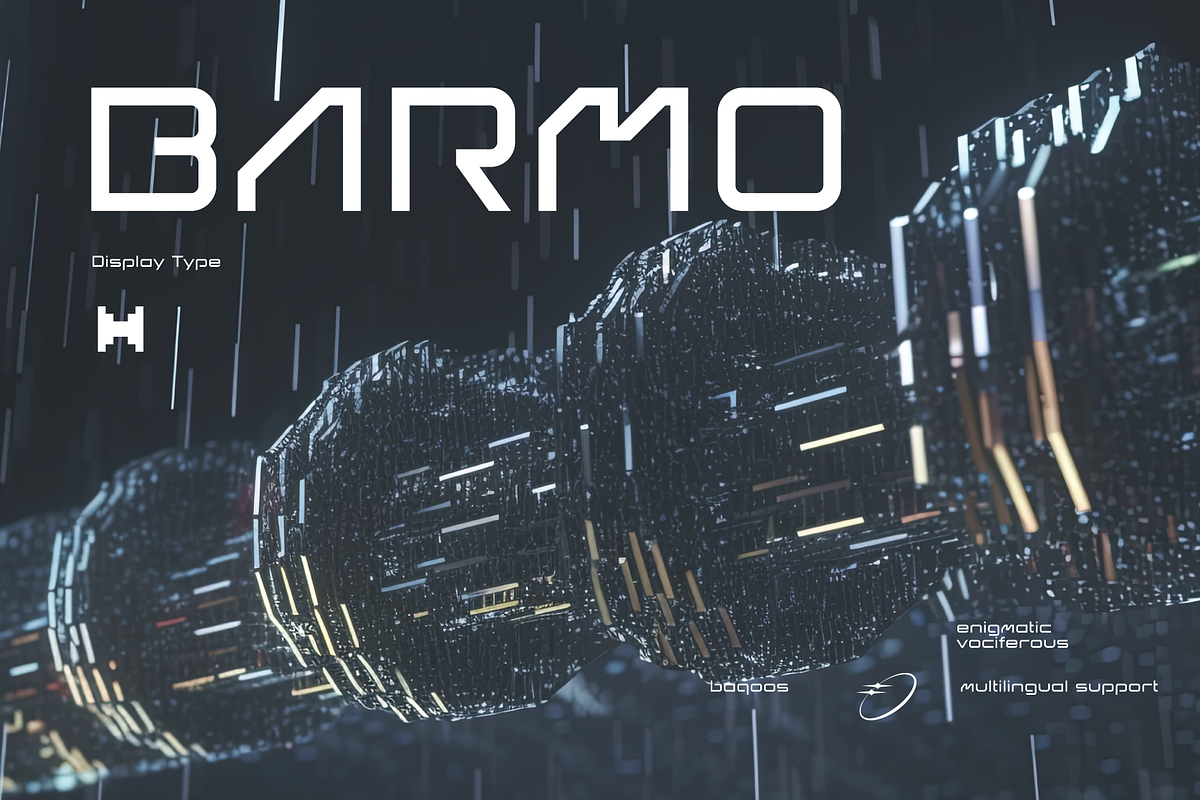 Barmo Futuristic Tech Font, a Sans Serif Font by baqoos (Photo 1 of 9)