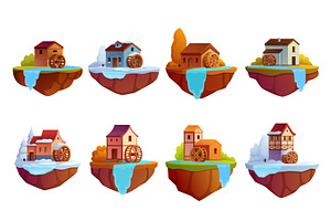 Watermills. Game design floating, an Illustration by Valerie Bodnar