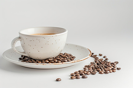 Cup of coffee and coffee beans on white background, a Food & Drink Photo by AlyaAnd