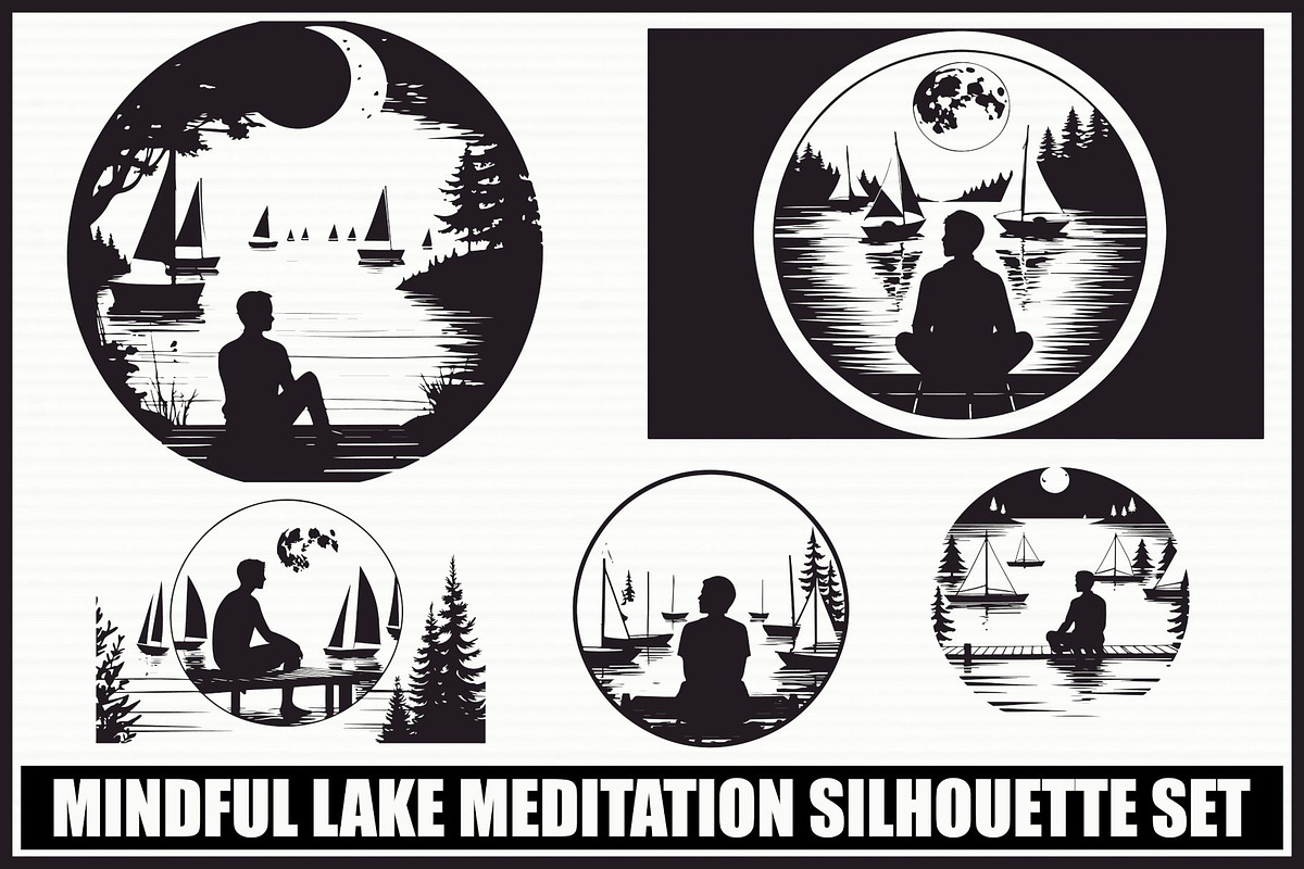 Lake Meditation Silhouette Set, an Illustration by jahid234 (Photo 1 of 6)