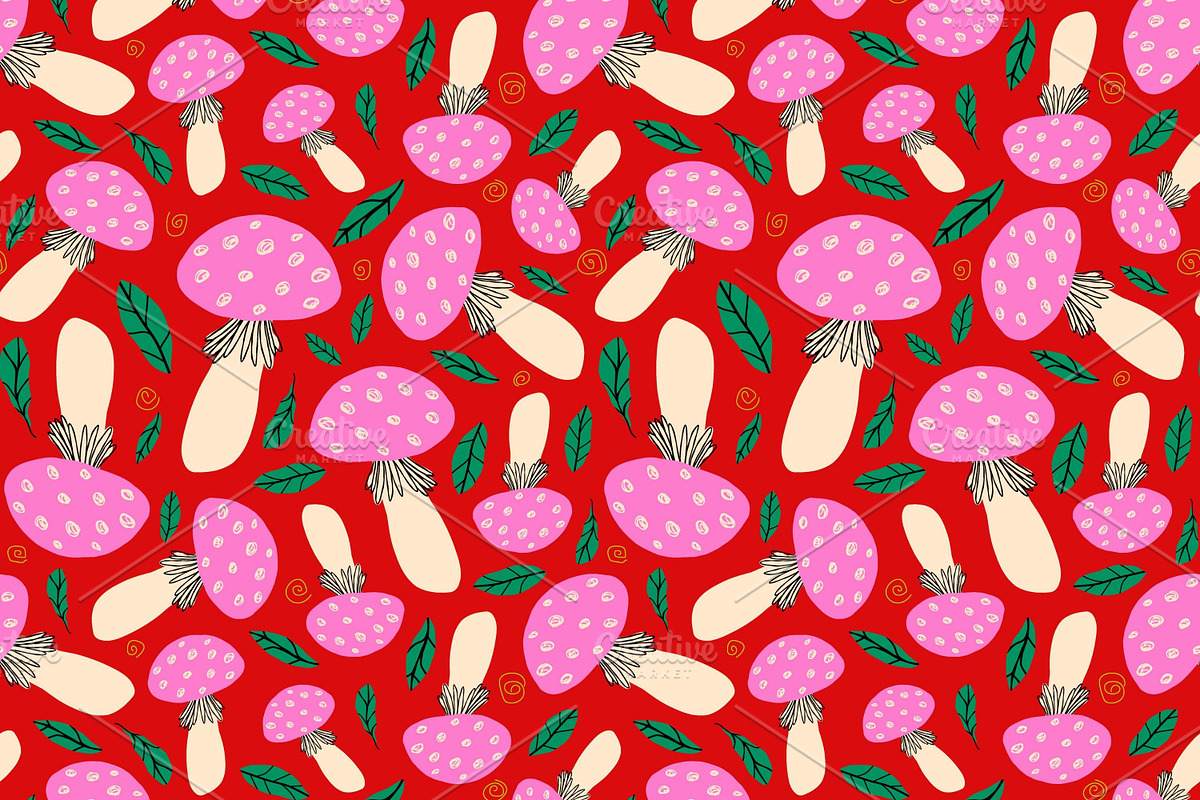 Red Hand Drawn Pattern with Mushroom, a Pattern Graphic by Art's and patterns (Photo 2 of 3)