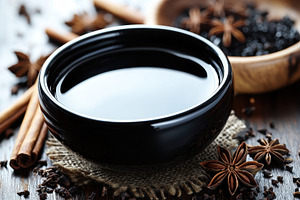 Spices surround fragrant syrup bowl, a Photo by Pavel_design