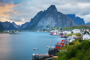 Norwegian rorbuer in reine hamnoy stock photo containing village and norway