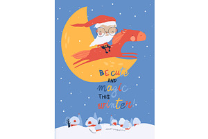 Santa Claus flying on Red Horse, an Illustration by Maria Starus