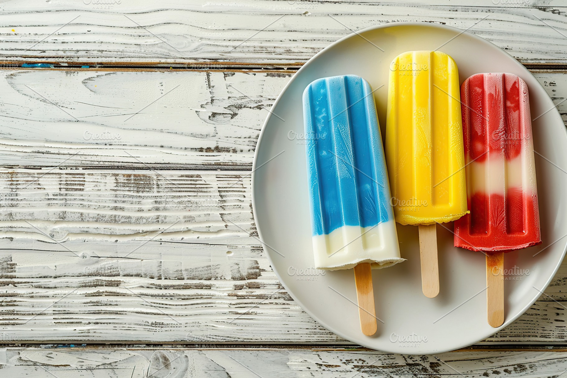 Colorful ice cream popsicles in plate on wooden background, a Food & Drink Photo by AlyaAnd