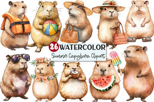 Summer Capybara Watercolor Clipart, an Illustration by Rose Art