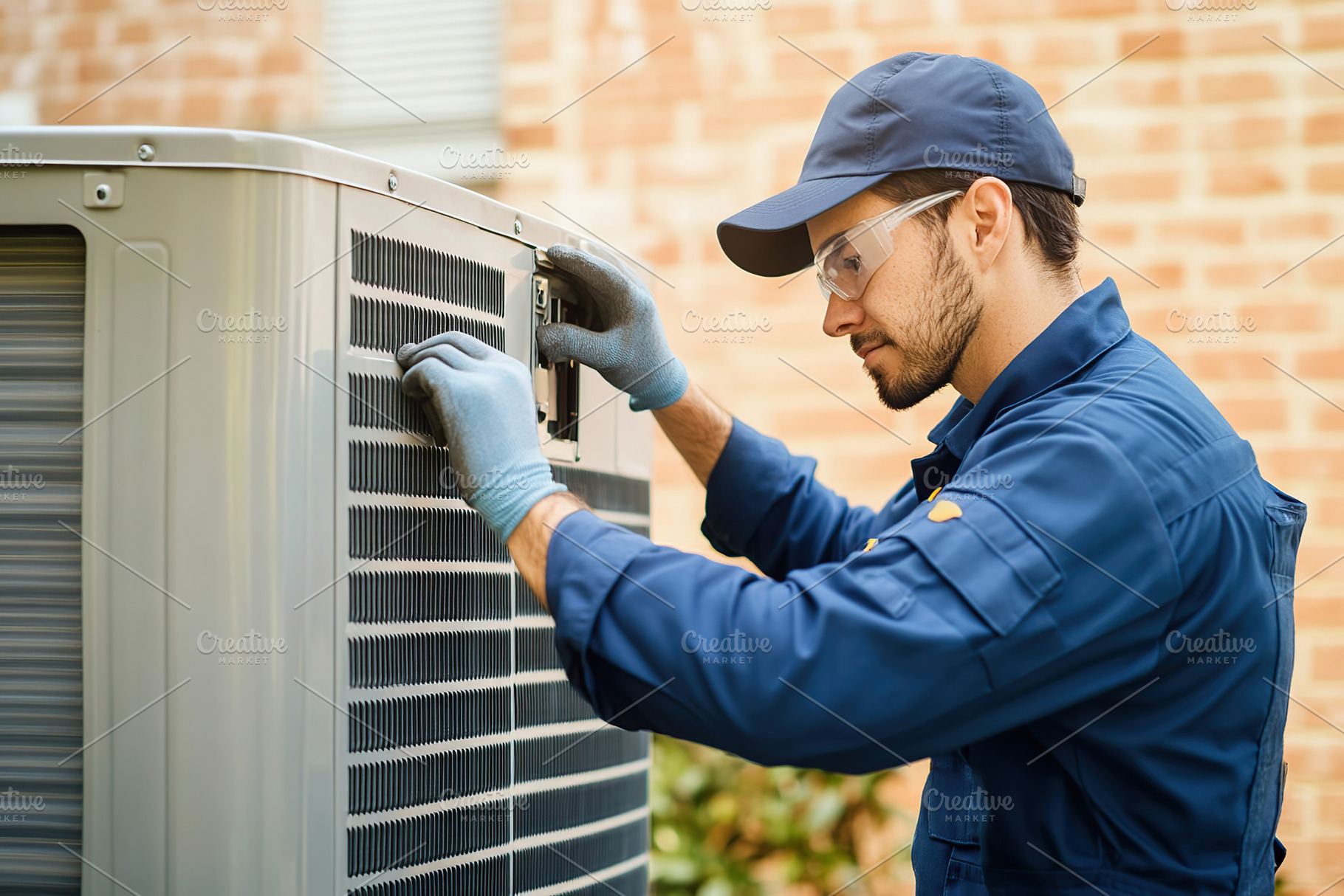 Technician checking air conditioner near the house, an Industrial Photo by AlyaAnd