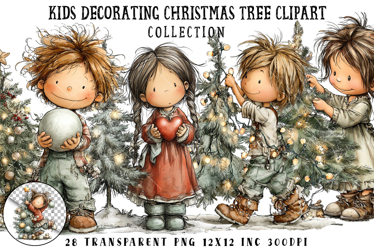 Kids Decorate Christmas Tree Clipart, an Illustration by OK Design (Photo 1 of 6)