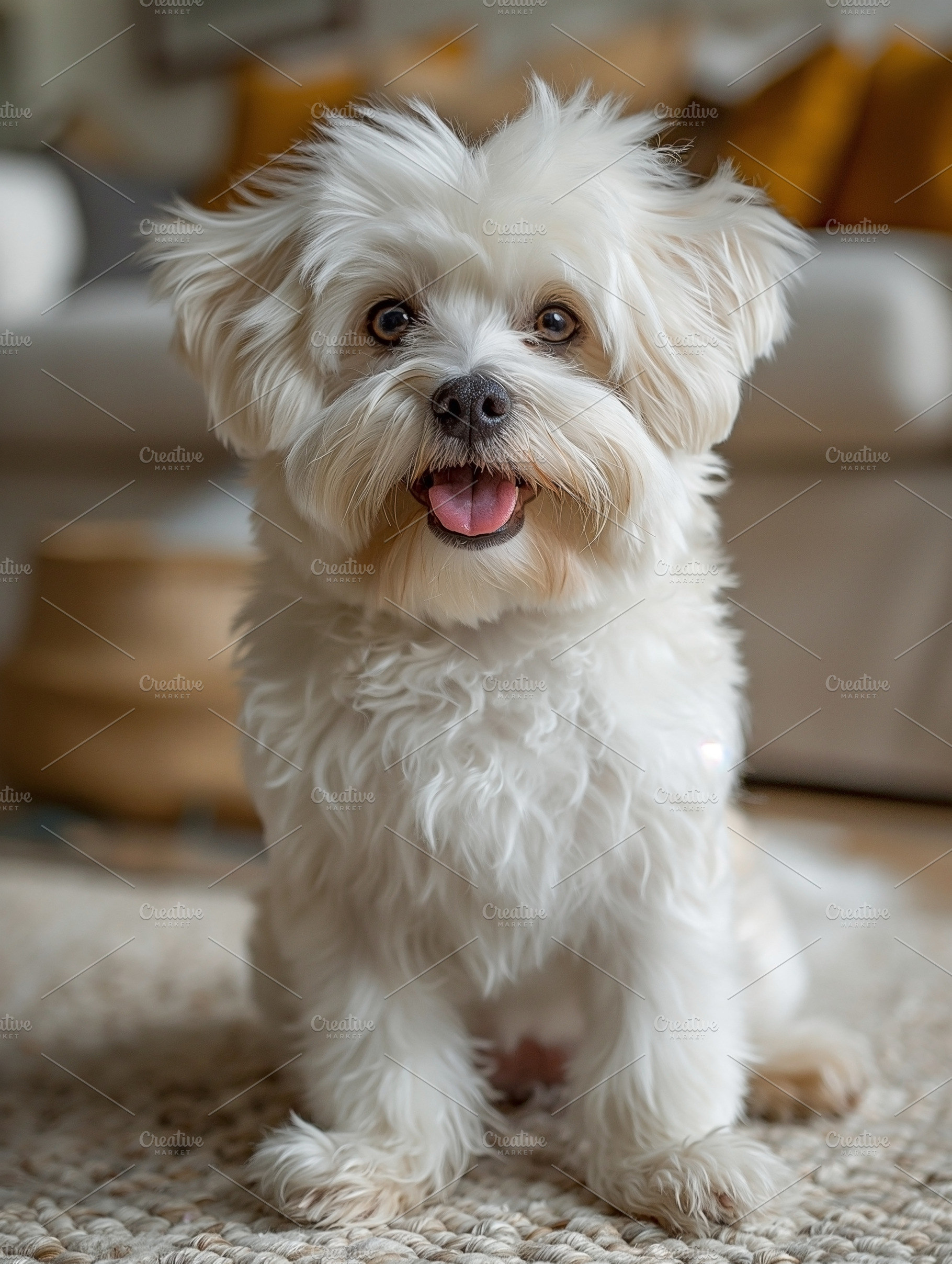 Adorable fluffy white dog with a cheerful expression, sitting on a soft rug in, an Animal Photo by ImageMir