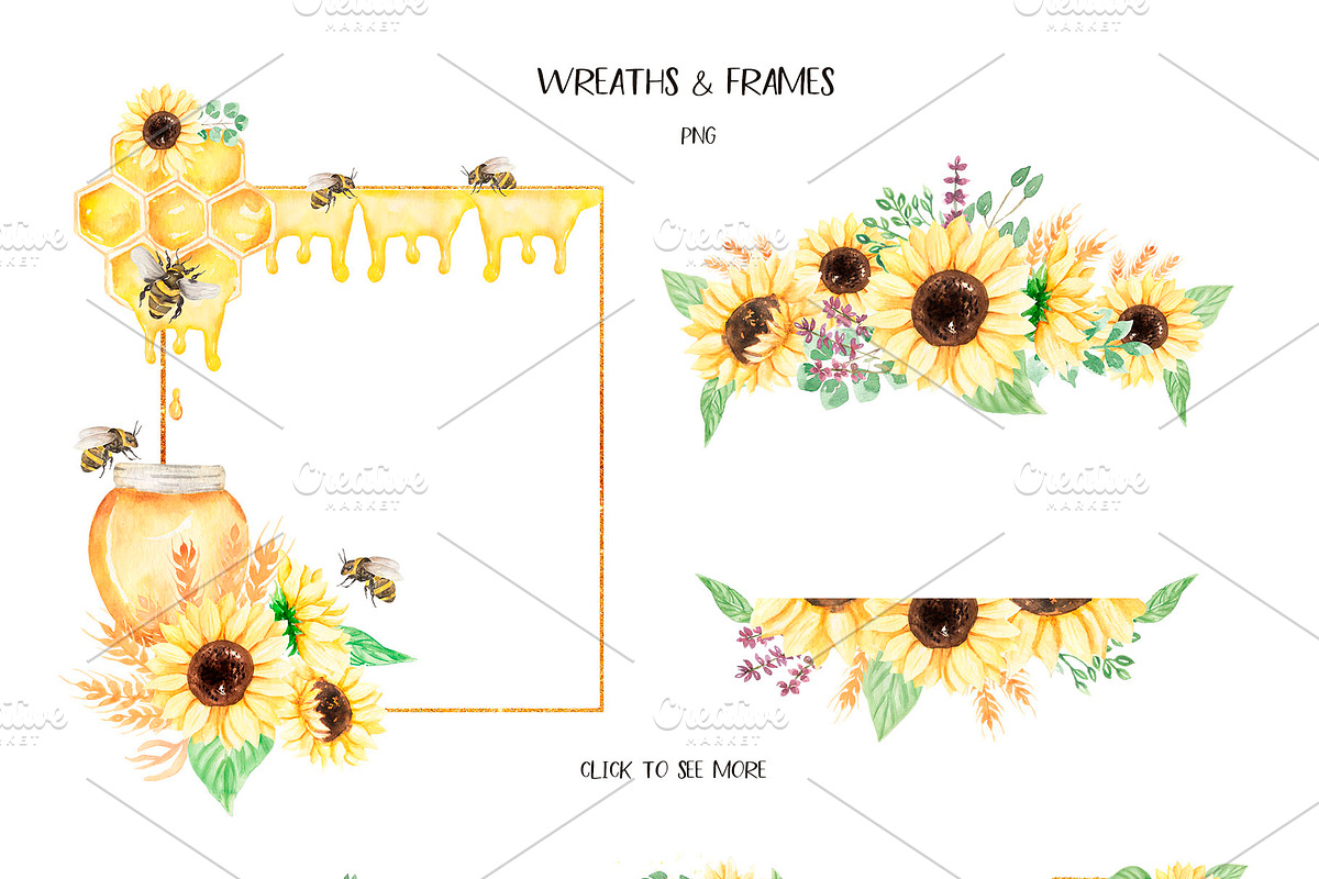 Watercolor Sunflowers, Honey & Bees, a Decorative Illustration by MayaNavits (Photo 4 of 9)