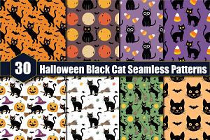 30 Halloween Black Cat Seamless Patt, a Pattern Graphic by protabsorkar11