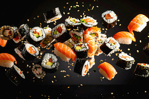 Assorted sushi rolls and nigiri pieces flying in midair, a Food & Drink Photo by GoodGoods