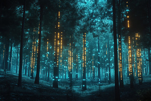 A mystical forest illuminated by glowing vertical lights, creating an enchantin, a Photo by Textures & Backgrounds