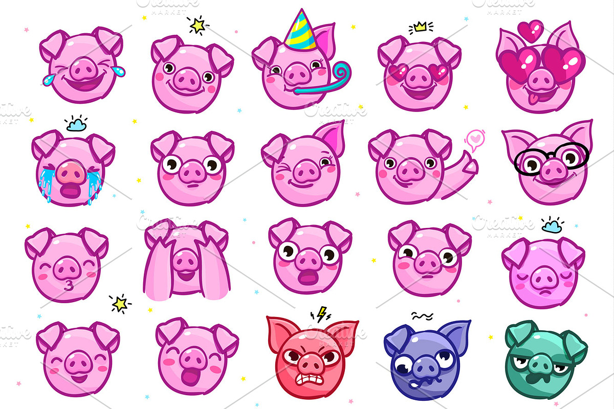 20 funny Piggy-face emoji, an Animal Illustration by VectorStory (Photo 2 of 2)