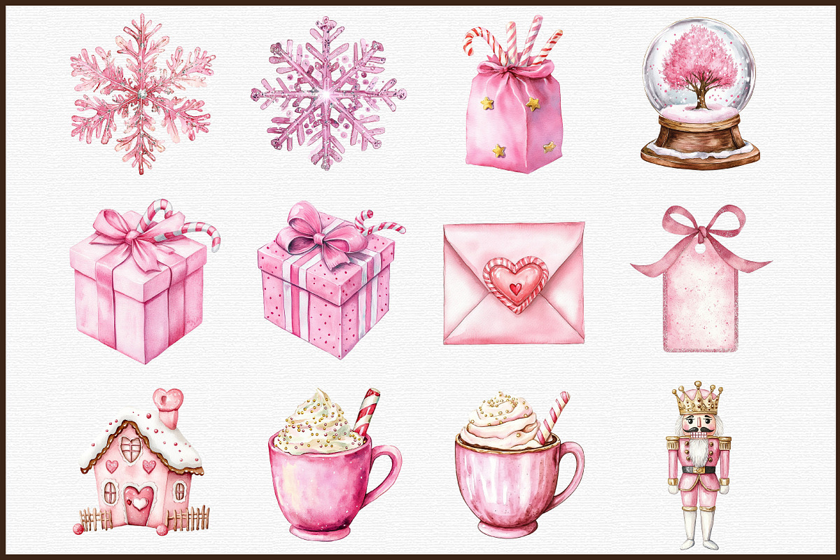 Pink Christmas Watercolor Clipart, an Illustration by Sublimation Artist (Photo 2 of 6)