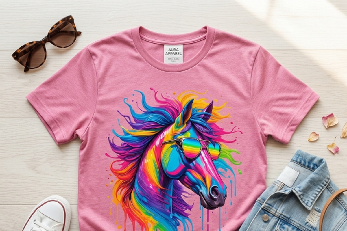 Rainbow Horse T-Shirt Design, a Shirt Mockup by Vector Stall