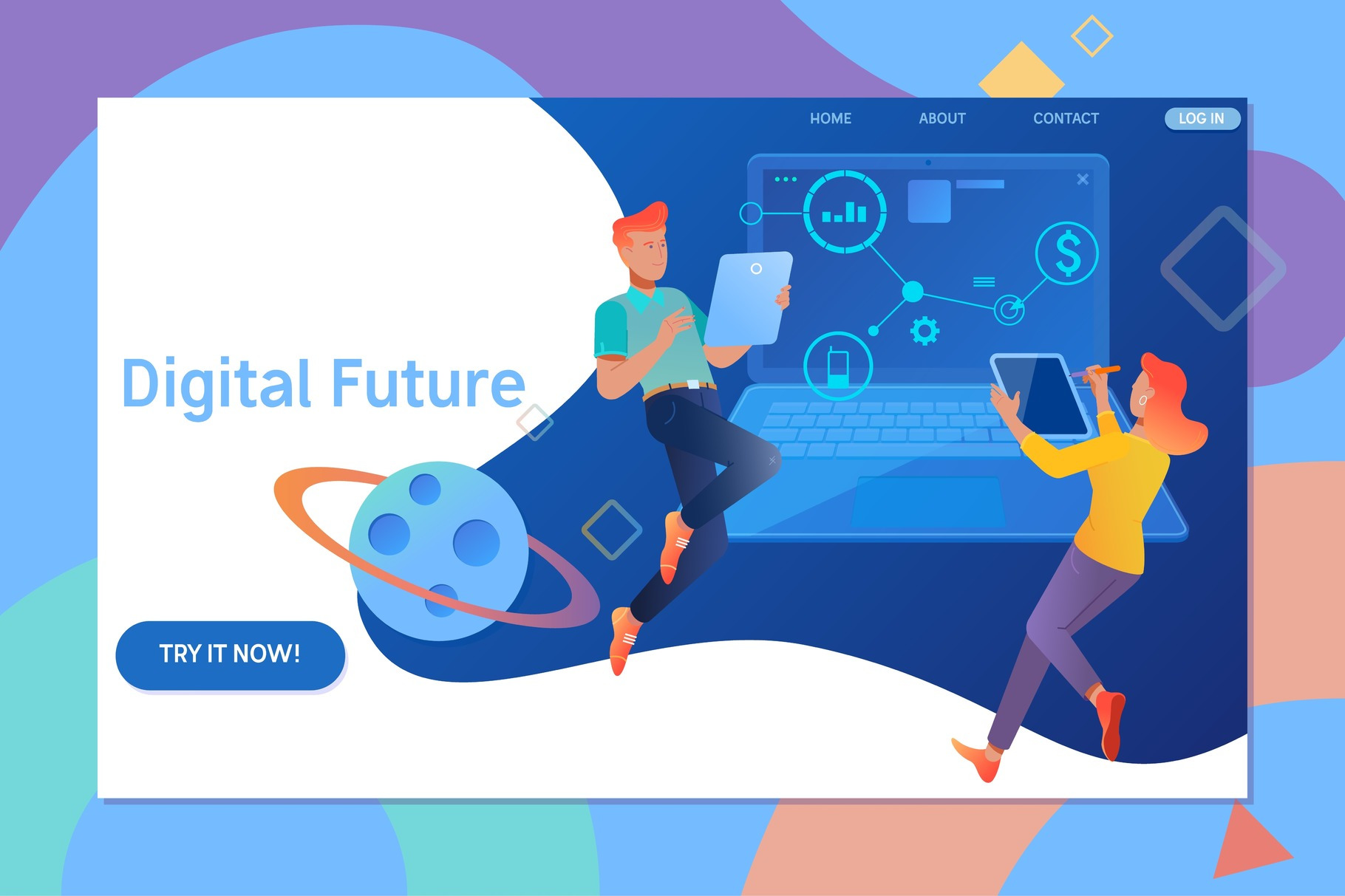 Creative website template design of Digital future. Young people using ...
