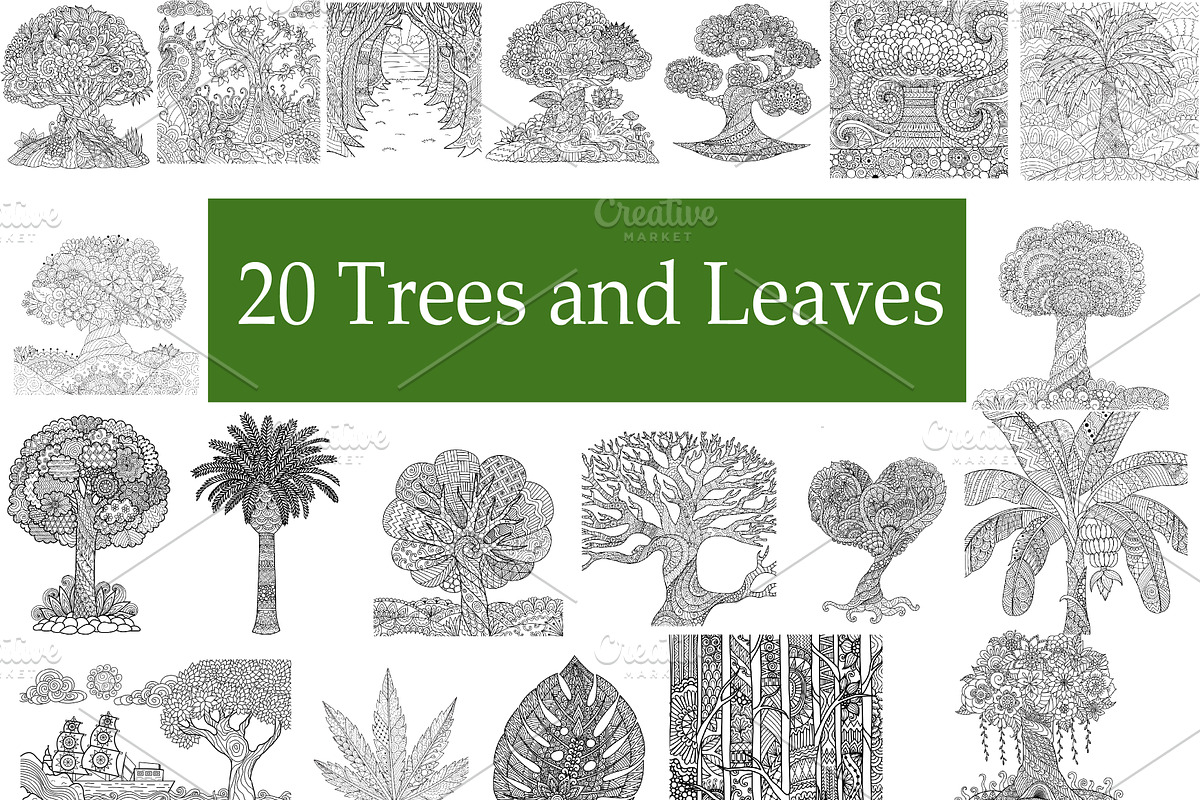 20 Trees and leaves coloring pages, an Illustration by Somjai King (Photo 1 of 6)