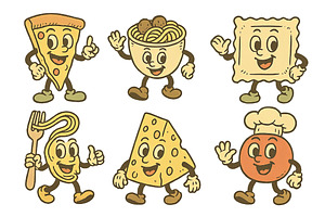 Vintage food mascots including pizza, an Illustration by Dvoevnore photos
