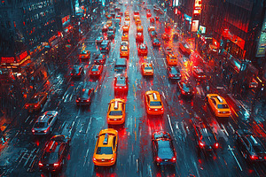 Nighttime city traffic with vibrant lights and reflections on wet streets, a Photo by AS photostudio