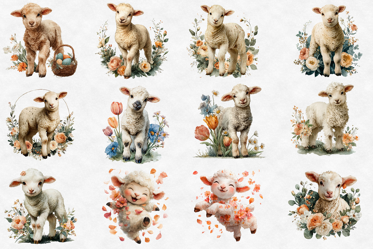 Watercolor Spring Floral Baby Lamb P, an Illustration by Designworld (Photo 2 of 5)
