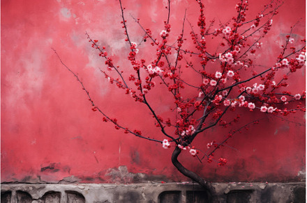 Traditional Sakura red wall without, a Nature Photo by Ylivdesign
