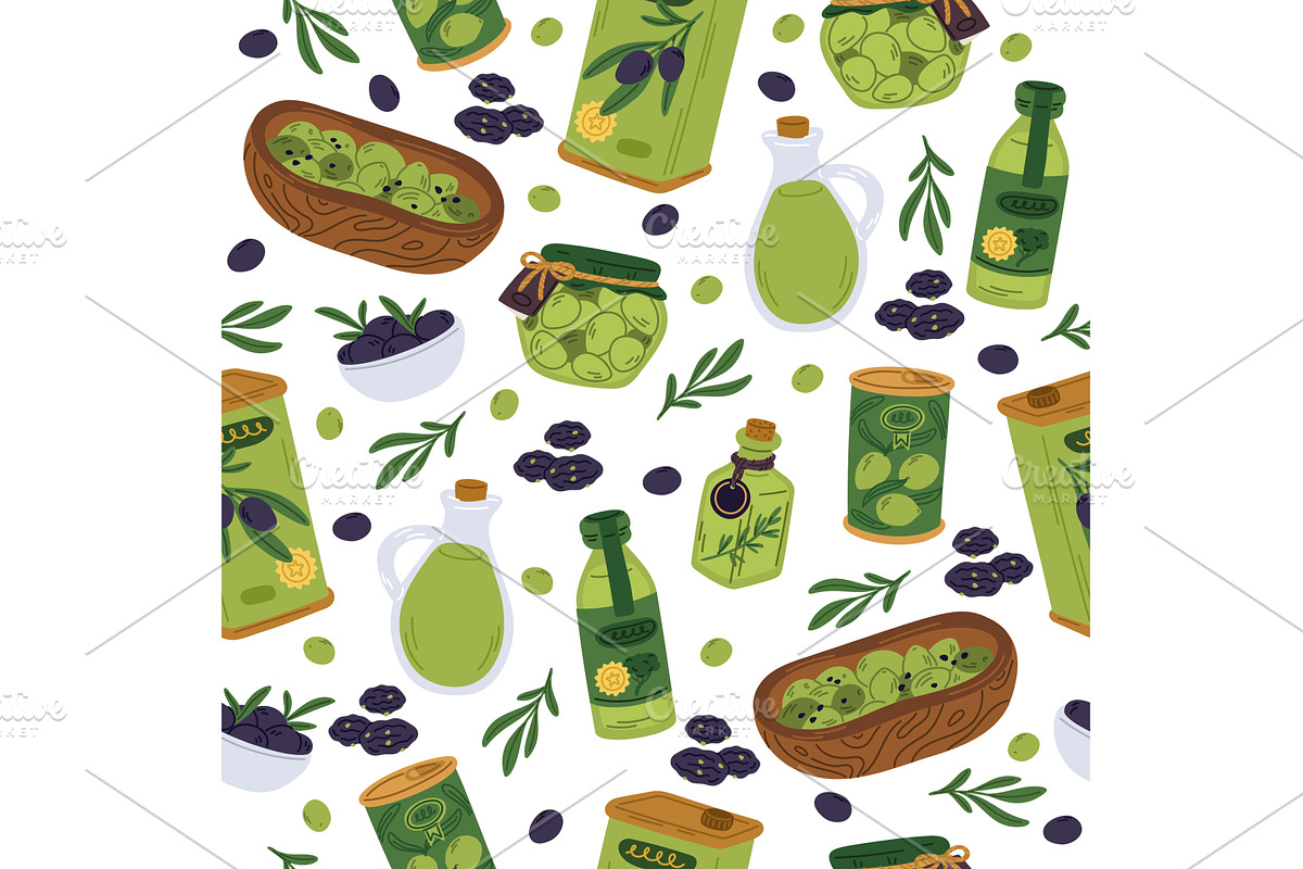 Green and dark olives seamless, a Food Illustration by Vectorbuum