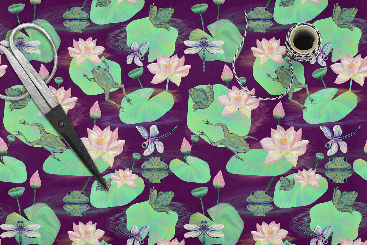 Frog Lotus Seamless Pattern, a Pattern Graphic by Oksana Dovhopol Art (Photo 14 of 23)