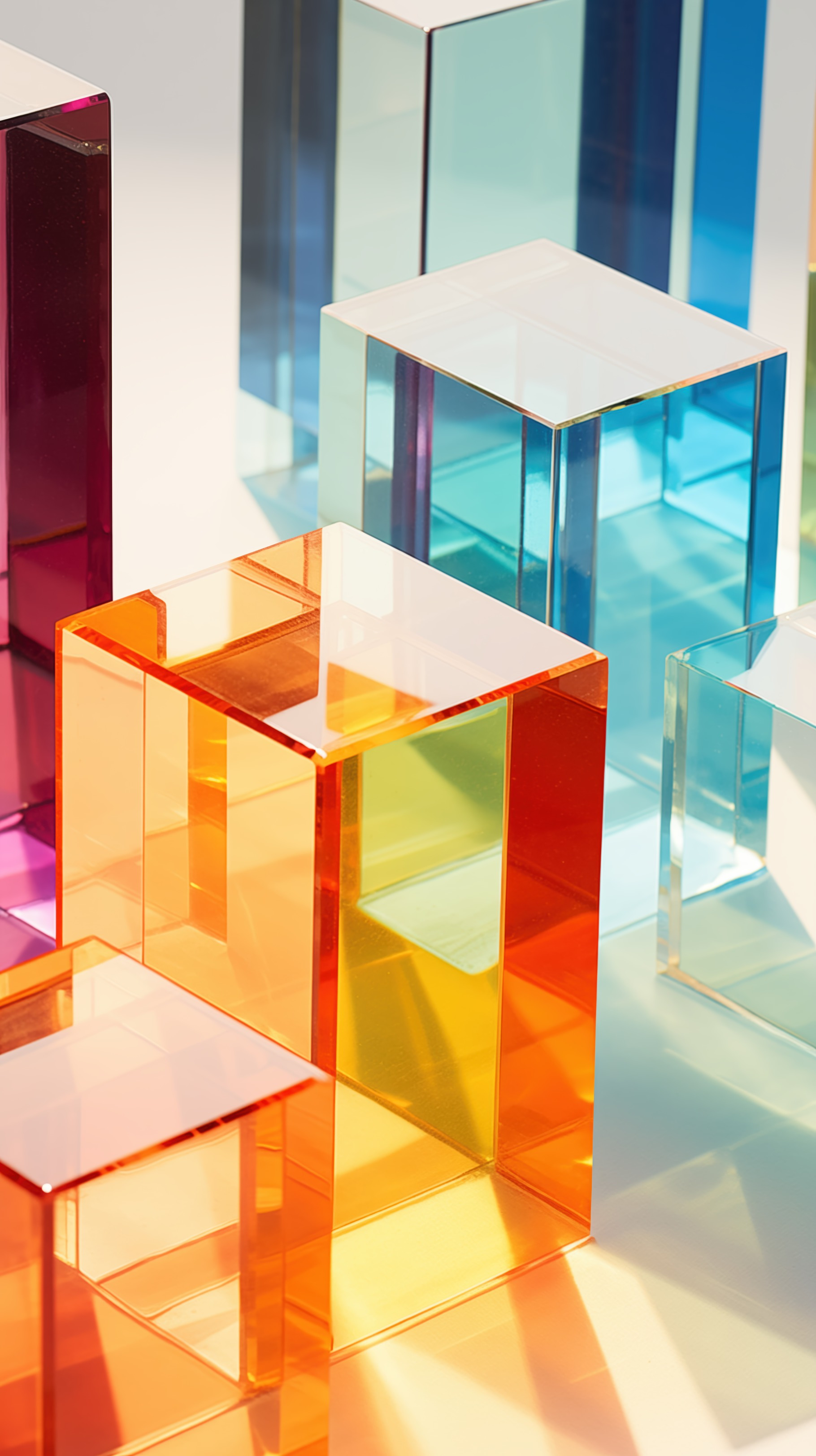 A collection of colorful transparent acrylic blocks in various sizes ...