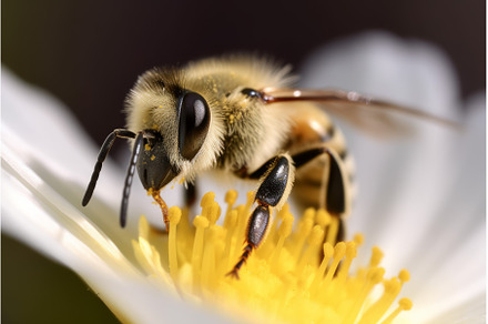 Bee macro flower pollen. Generate Ai, an Animal Photo by Ylivdesign