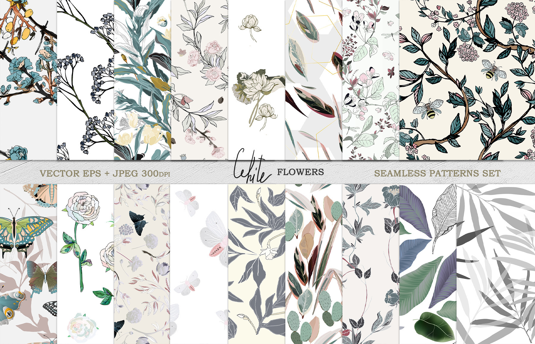 White floral seamless vector pack, a Pattern Graphic by PatternsBlooming