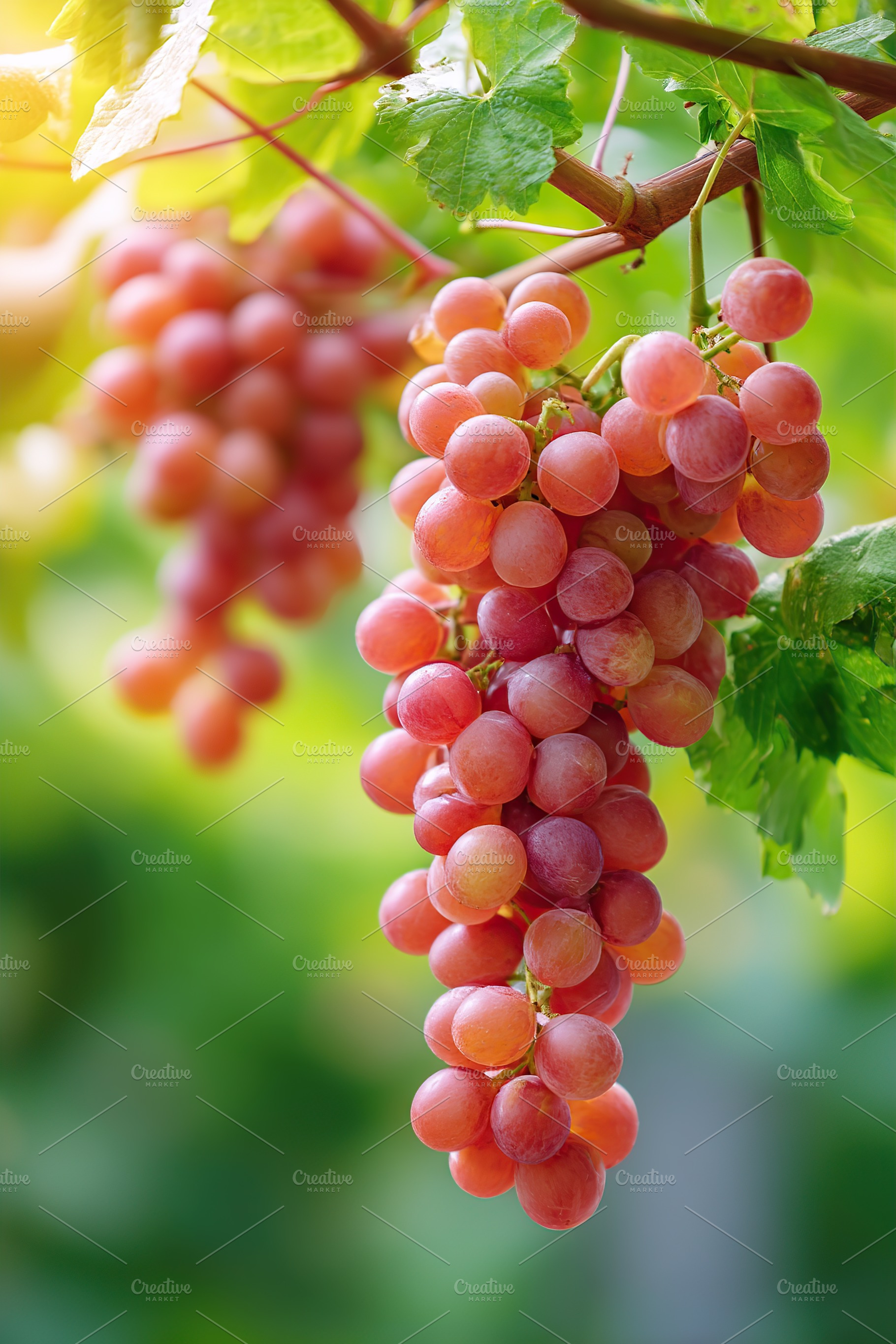 Bunches of ripe red grapes hanging on a vine in a sunny vineyard during harvest, a Food & Drink Photo by AlyaAnd