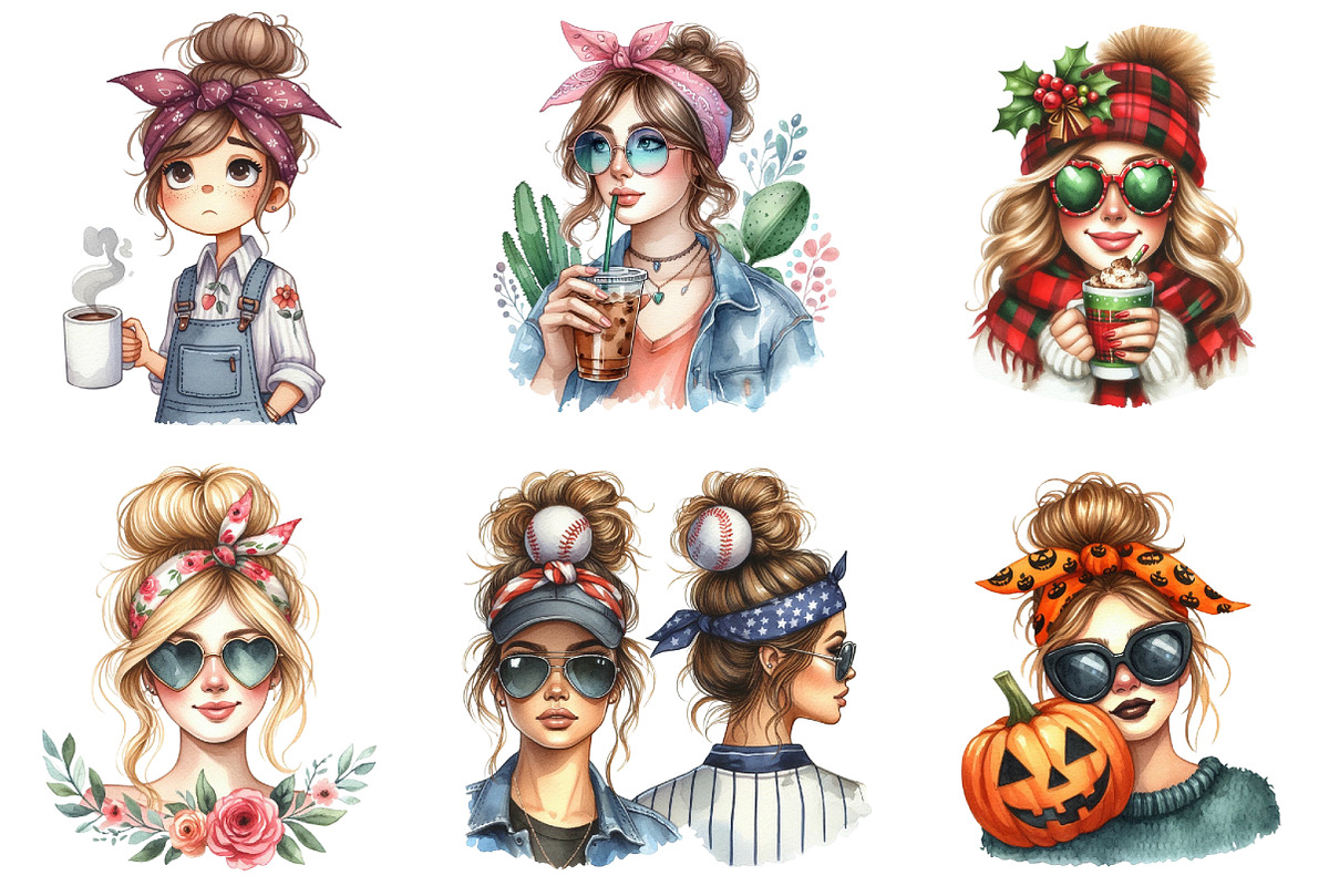 Messy Bun Bandana Mom Life Clipart, an Illustration by DreamArtGraphic (Photo 4 of 4)