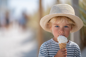 Little boy in a straw hat and shirt, a Food & Drink Photo by MistyDay