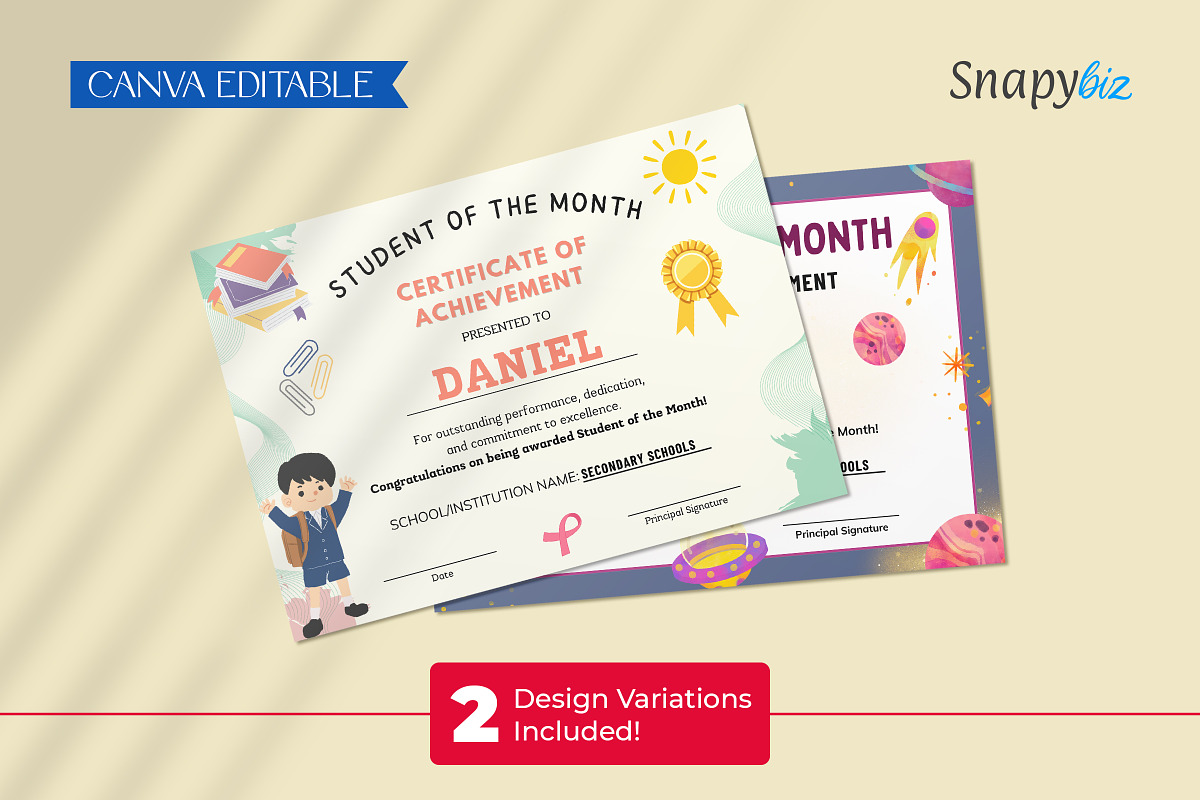 Student of Month Certificate Canva Editable Template