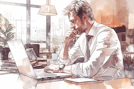 Businessman thoughtfully analyzing data on a laptop in modern office setting, a Photo by AS photostudio