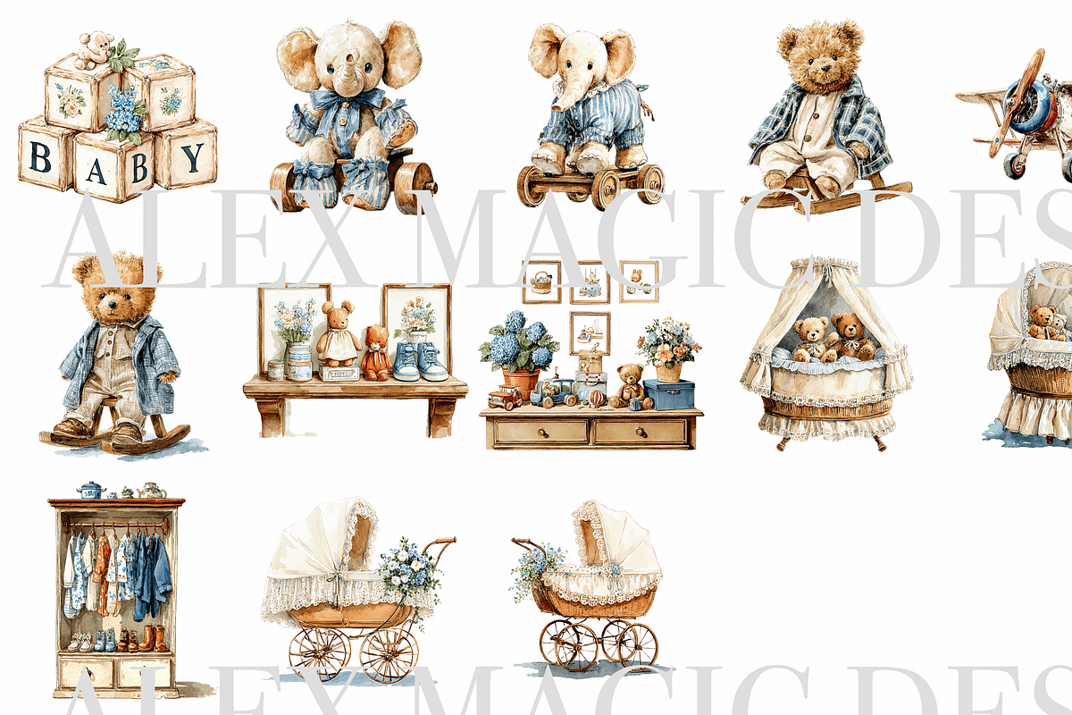 Vintage Teddy Bears Clipart Set, a Decorative Illustration by Pati Charm Studio (Photo 2 of 8)