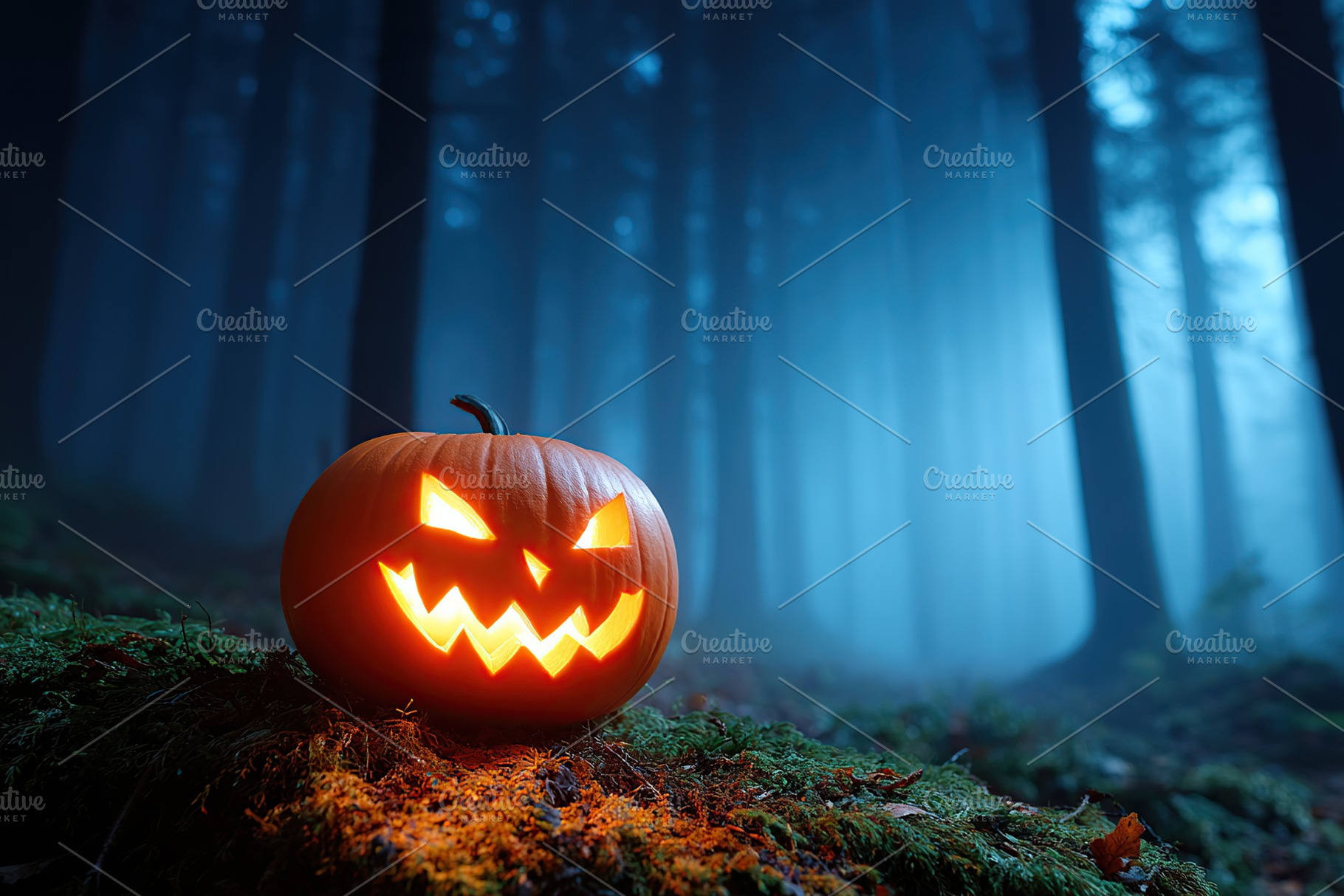 Glowing jack-o'-lantern shines in eerie forest at twilight during Halloween sea, a Holiday Photo by AlyaAnd