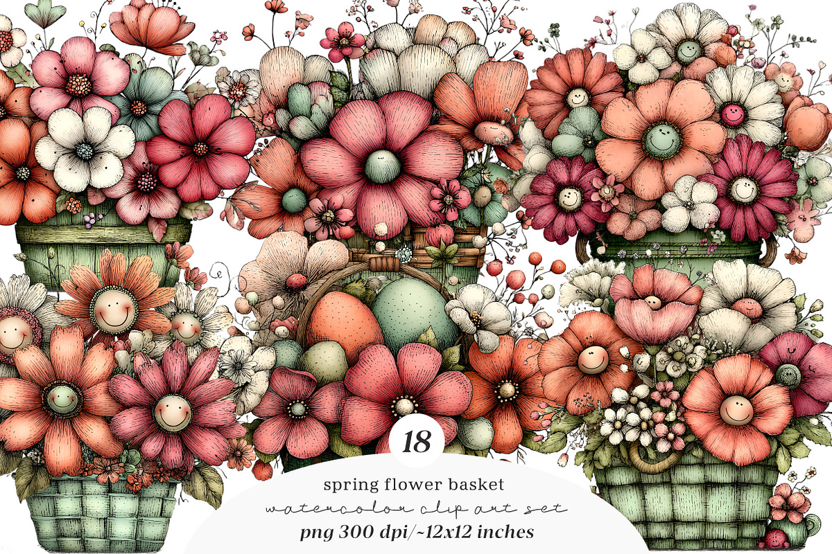 Watercolor spring flower basket PNG, an Illustration by SinaCreation (Photo 1 of 11)