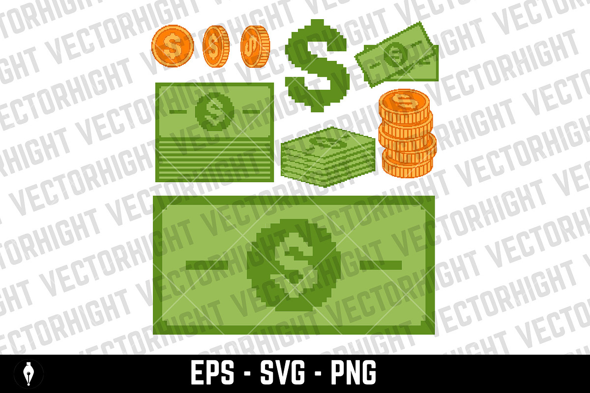 Pixel art money icons, an Object Graphic by Vectorhight
