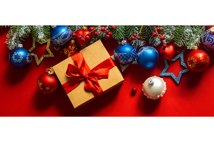 Christmas background red with decor, a Holiday Photo by yanadjana