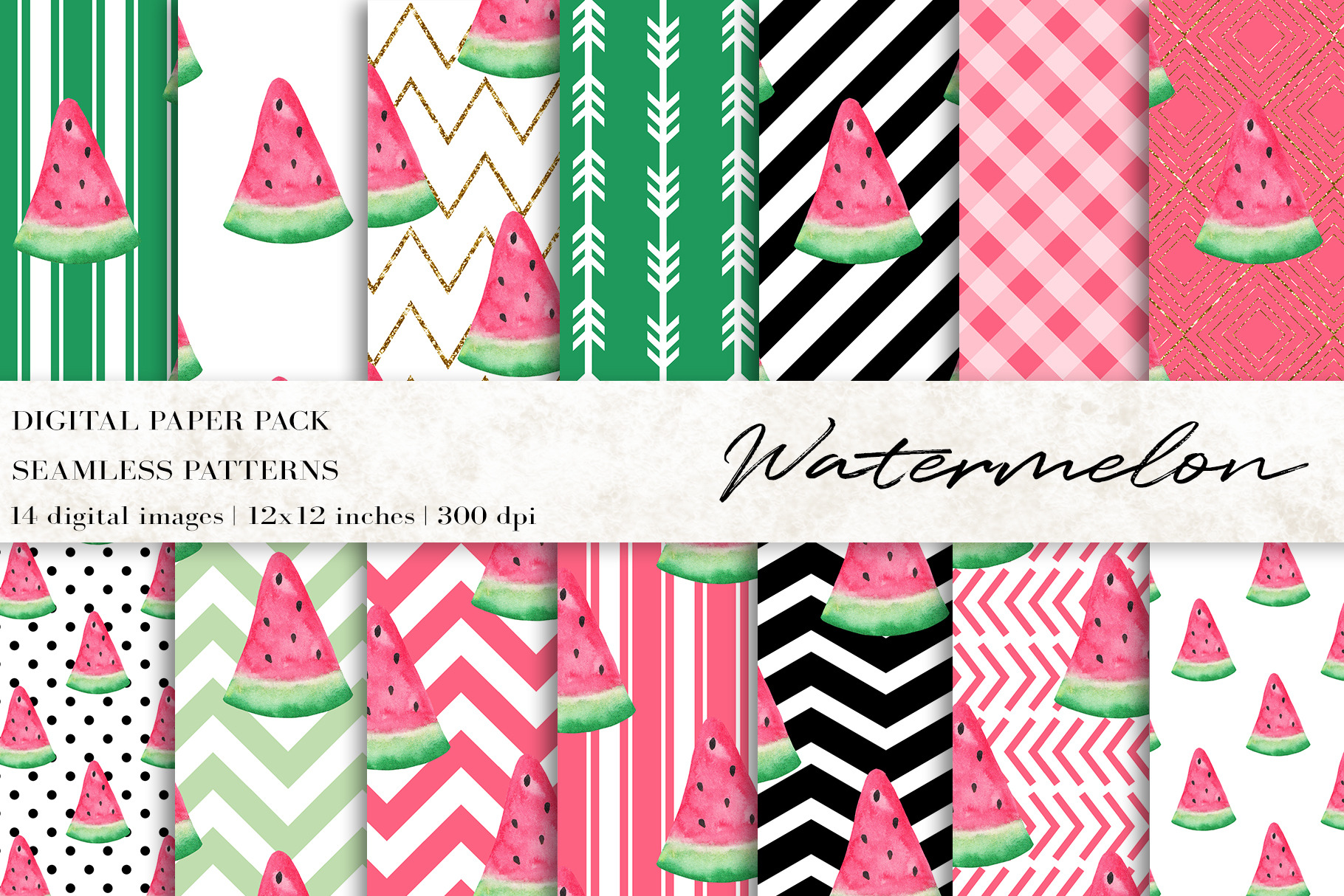 Watercolor Watermelon Digital Papers, a Pattern Graphic by BonaDesigns