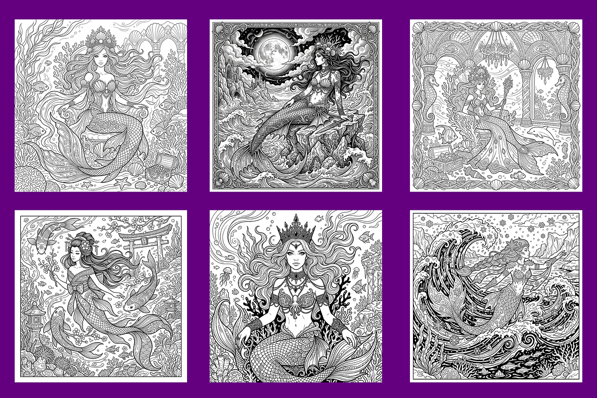 Mermaid Coloring Pages, a Person Illustration by BerryPieArt (Photo 2 of 3)