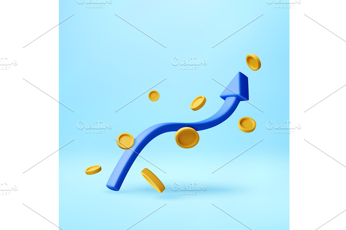 3D Blue wavy arrow and gold coins, a Finance Illustration by Abscent