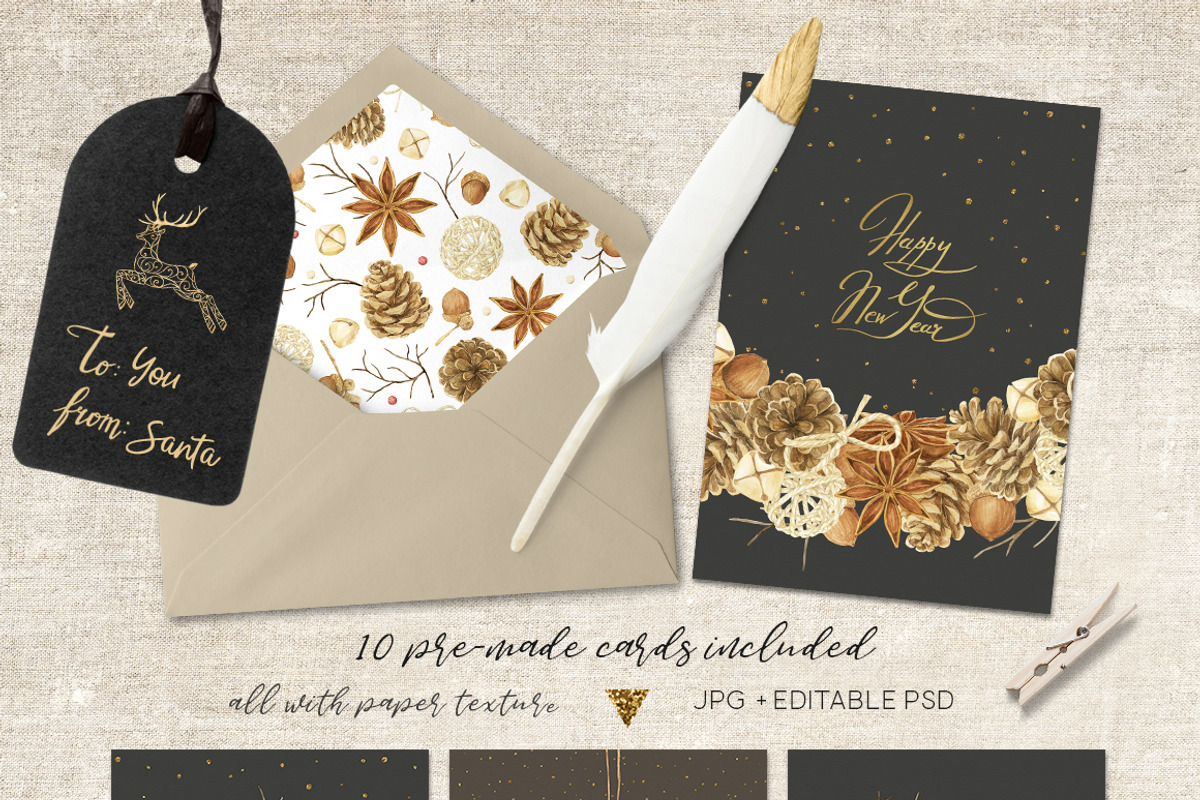 Natural Christmas. Watercolor & Gold, a Decorative Illustration by NataliVA (Photo 8 of 8)