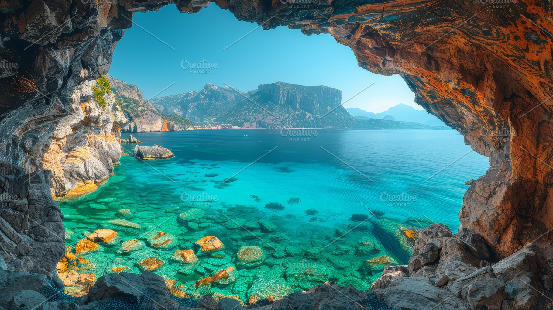 Stunning Summer View of Coastal Landscape Through Natural Cave Frame, a Photo by AS photostudio
