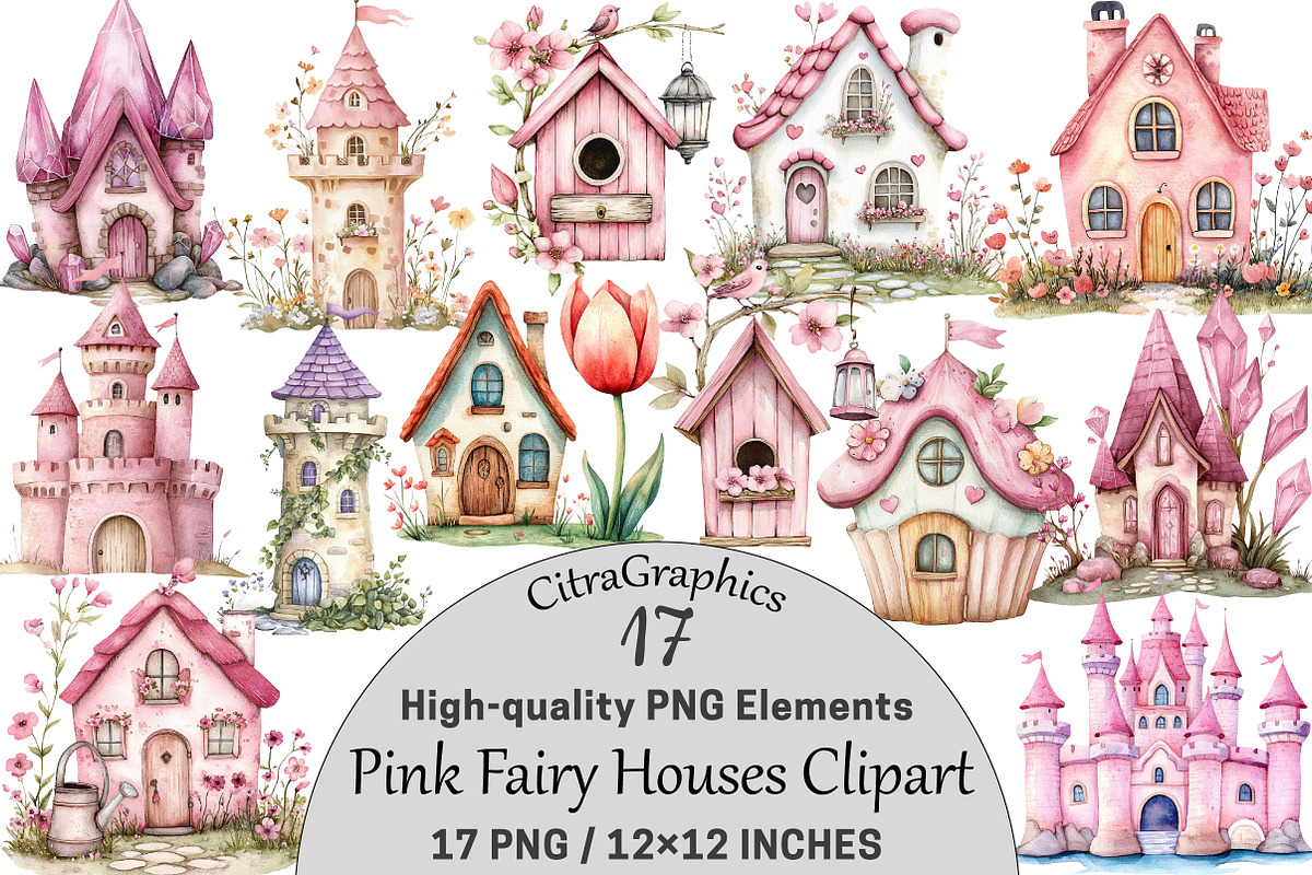 Watercolor Pink Fairy Houses Clipart, a Seasonal Illustration by CitraGraphics (Photo 1 of 5)