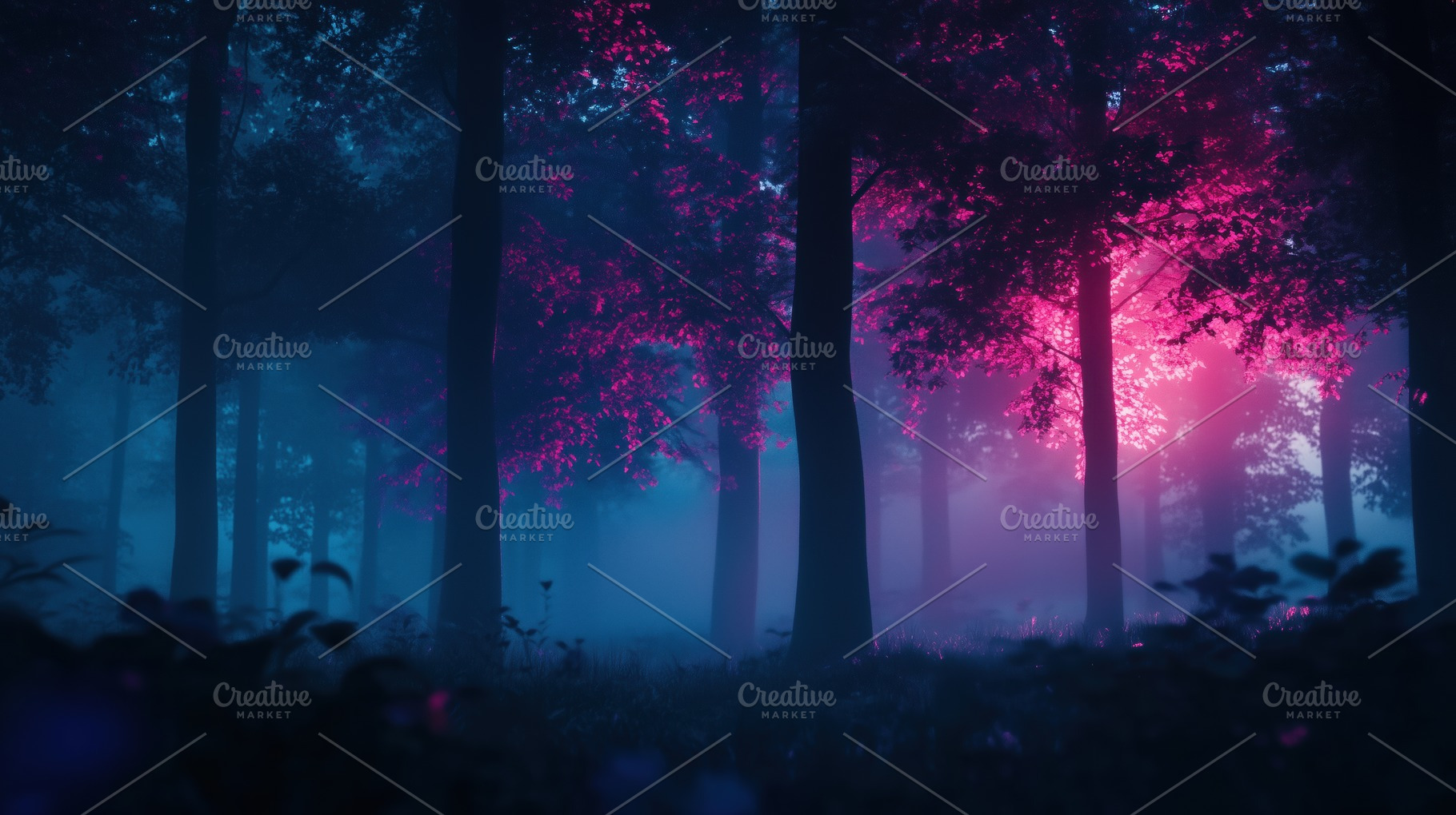 A mystical forest scene with tall trees shrouded in fog. The atmosphere is enha, a Photo by Textures & Backgrounds