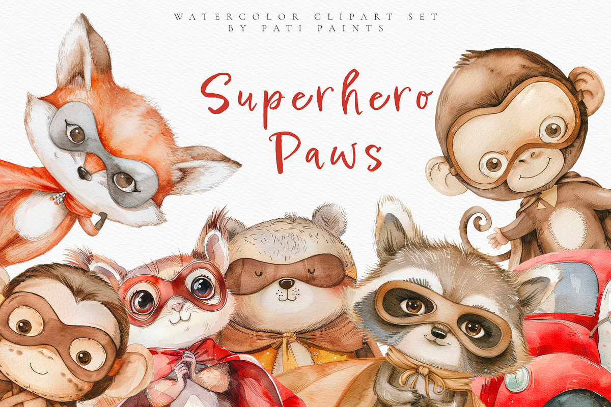 Watercolor Superhero Clipart Set, an Animal Illustration by Pati Paints (Photo 1 of 9)